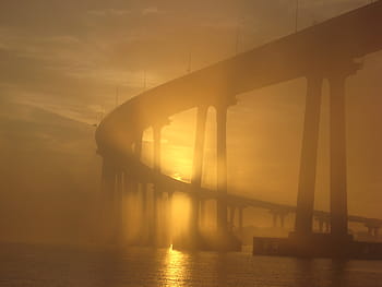 most silueta, slunce, coronado bridge, západ slunce, mlha, coronado, Kalifornie, přístav, scénický, ostrov, voda