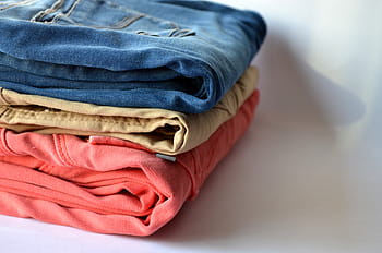 tři, párů, složené, dna, kalhoty, prádelna, oblečení, textil, oděv, domácí práce, bavlna