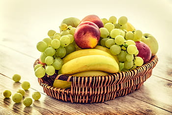 bananas, grapes, apples, basket, varieties, fruits, brown, wicker, fruit, table, food