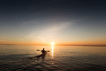 persoană, călărie, caiac, paletă, explora, ocean, cer, apă, reflecţie, orizont, apus de soare