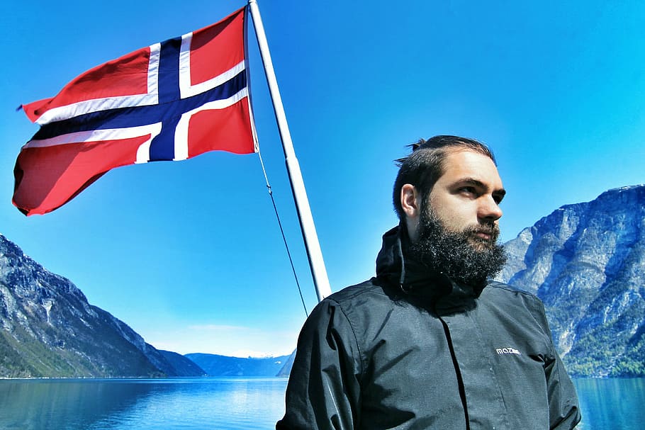 man, standing, red, blue, flag, viking, norway, sweden, iceland scandinavian, norwegian, warrior
