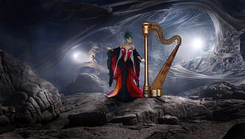 woman, playing, harp instrument animation, fantasy, harp, cave, mystical, romantic, atmosphere, stone, female