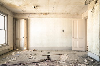 empty, white, painted, wall room, opened, door, wreck, room, paint, construction, renovation