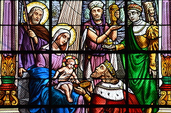 stained glass, colorful, window, church, christmas, magi, child, mother, mary, jesus, gifts
