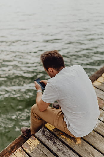 ponsel, telepon, tangan, pria, layar, teknologi, smartphone, menggunakan, danau