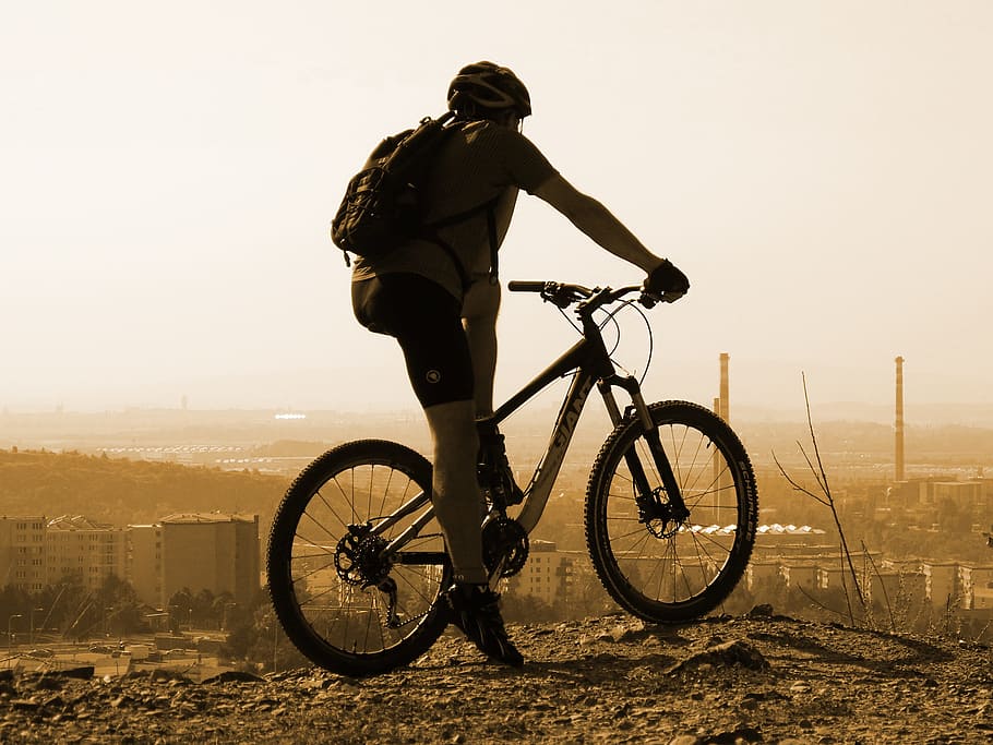 person, wearing, bicycle helmet, riding, hardtail bicycle, hardtail, cyclist, cycling, round, mountain bike, bicycle