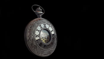 round silver-colored, framed, pocket, watch, black, background, photography, silver, pocket watch, clock, time
