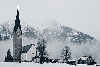 church, houses, winter, mountain, highland, cloud, fog, summit, ridge, landscape, nature
