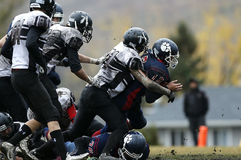 football team, running, field, football, players, running back, competition, ball, game, team, grass