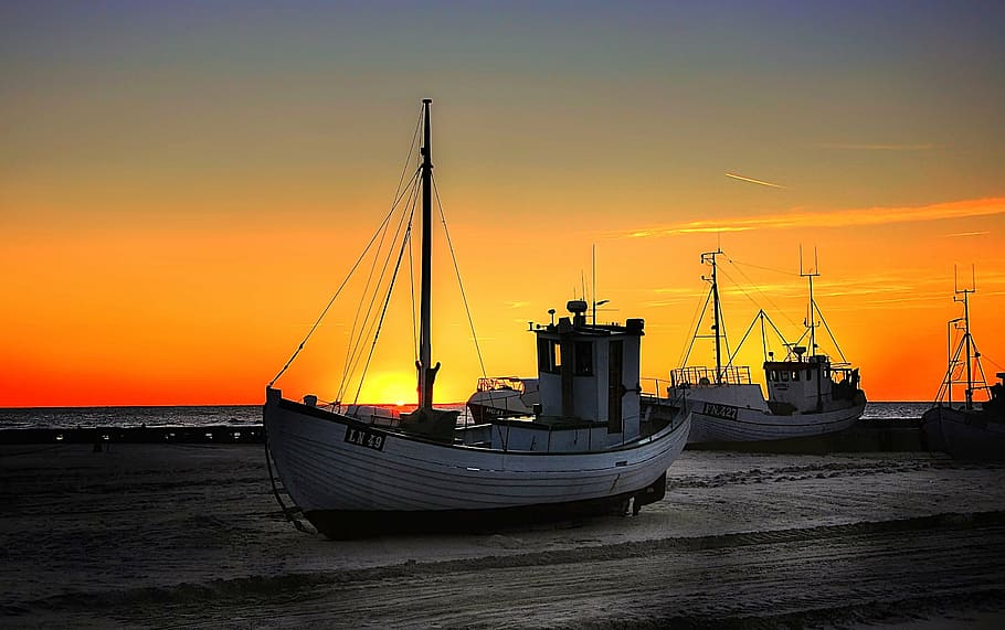 bianca, barca, riva, tramonto, fresa, sole, acqua, avvio, porta, nave, cielo