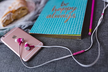 azul, cuaderno, rosa, auriculares, dulce, bollo, iPhone, bollo dulce, feliz, teléfono inteligente, diario