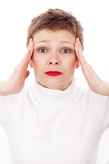 woman, wearing, white, turtle-neck, shirt, ache, adult, depression, expression, face, female