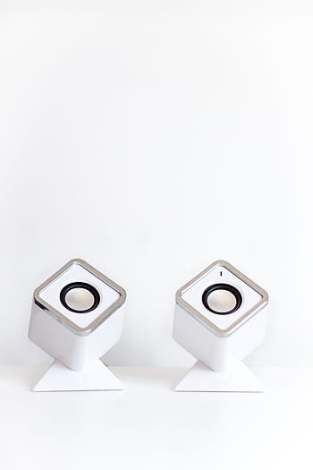 Audio, Altoparlanti, scrivania, isolato, minimalista, semplice, pulito, bianca, musica, suono, ufficio