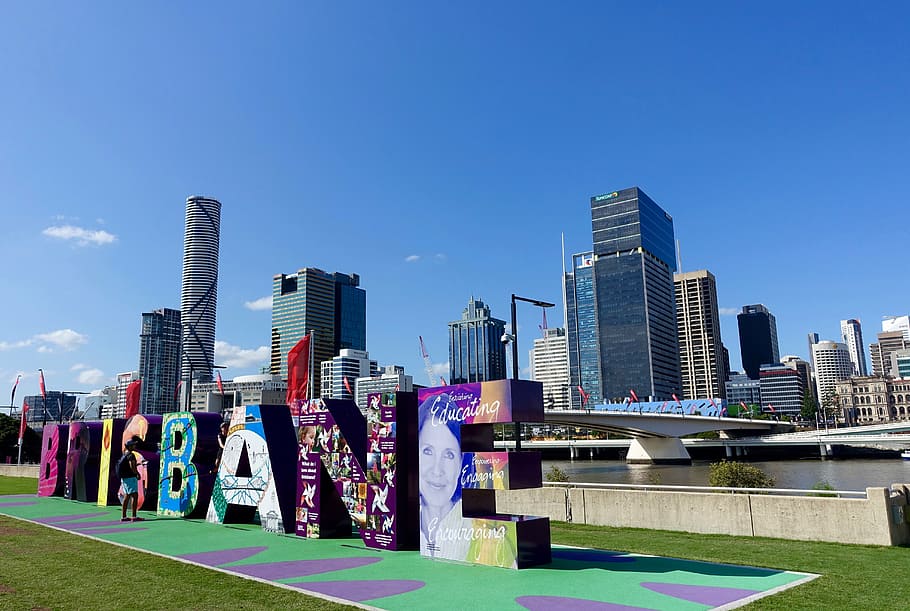 bybygninger, blå, himmel, brisbane, skilt, bybilledet, Queensland, centrum, turisme, Australien