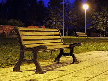 Bench, Night, Light, Lighting, night, light, park, solitude, nothing, seat, empty, illuminated