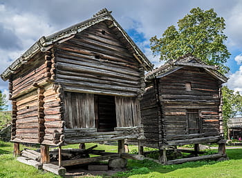 yakın çekim fotoğrafçılık, iki, kahverengi, ahşap, ev, kulübe, bina, Skansen, geleneksel, isveç, stockholm