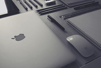 laptop, desk, flat lay, office, computer, digital device, mobile, notepad, notebook, pens, pencils