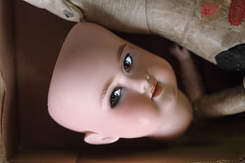 hlava panenky, box, maska, dítě, oči, tvář, rty, nos, obočí, hračka, uši