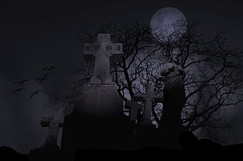 religious statue, cemetery, spooky, graveyard, symbol, grave, night, scary, creepy, moon, fantasy