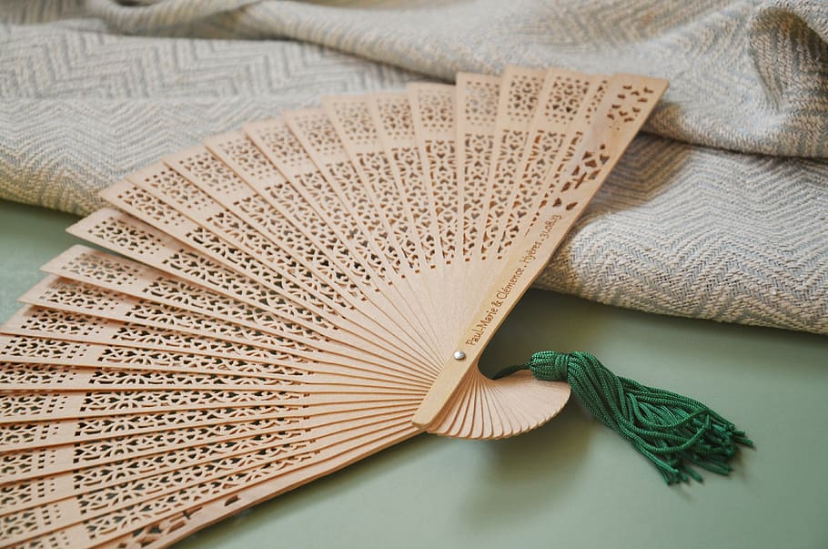 beige, hand fan, knitted, textile, wedding, decoration, workshop, handmade, fans, bamboo, green