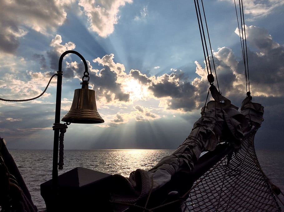 sun ray, reflect, body, water, Bell, Ship, Sailing Vessel, ship bell, brass, sky, seafaring