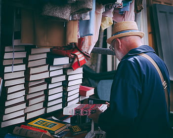 uomo, nero, camicia, indossare, cappello, detenzione, libro, giorno, blu, lungo, manica