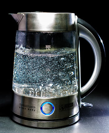 silver, clear, electric, kettle, bioling water, glass, water, blow, geraert, hot, cook
