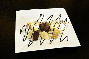 lody, serwowane, płyta, banana split, banan, puddingi, czekolada, deser, piękny, Słodkie, ciastka