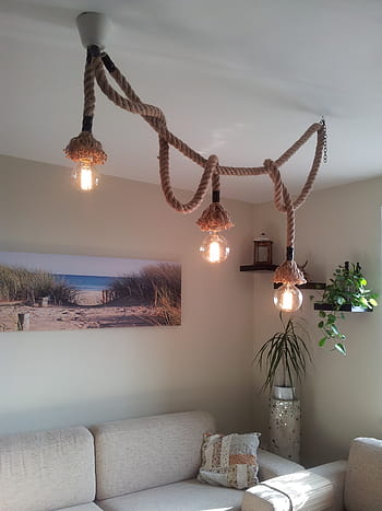 hnědý, 3-světlo, Závěsná lampa, bílý, pohovka zapnutá, lano, svítilna, lustr, design, retro, vinobraní