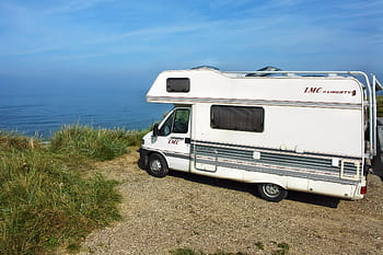 mobile home, camper on the beach, beach, cliffs, holiday, camping, camping holidays, travel, camper, outdoor, leisure