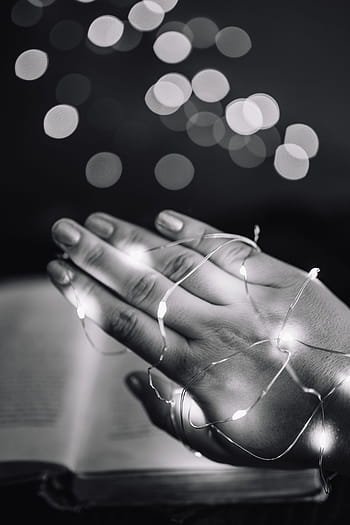 membuat, peri, lampu, Sihir, Peri Lights, waktu, dekorasi, bokeh, Tangan manusia, hitam dan putih, orang-orang
