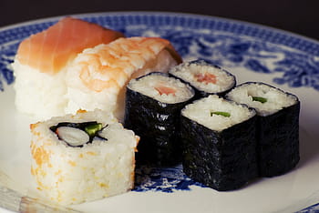 sushi, fehér, kék, kerámiai, tányér, szelektív, fókusz, fénykép, maki, tekercs, rizs