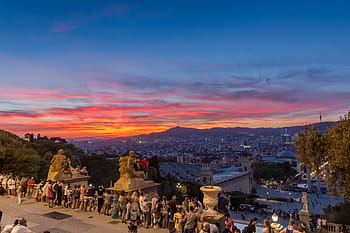 group, people, standing, statues, sunset, barcelona, montjuic