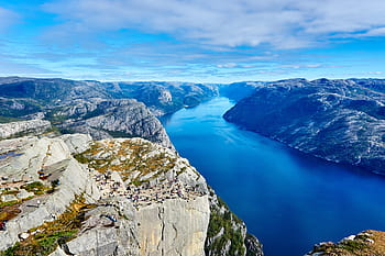 brown, grey, cliffs, surrounded, body, water, rock, mountains, white, blue, sky