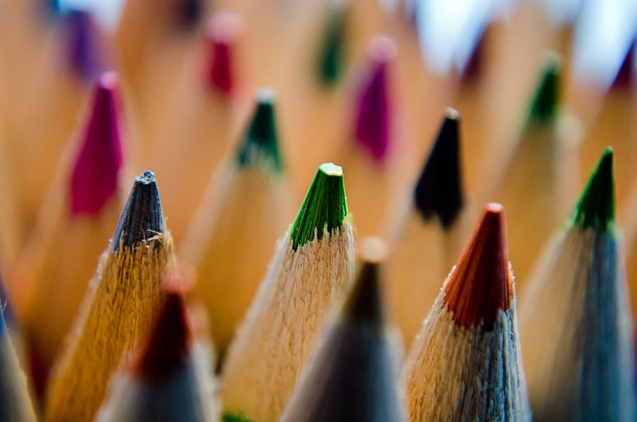 tilt shift lens photography, colored, pencils, background, blue, brown, bunch, color, colorful, colour, crayon