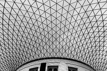 architectural, photography, gray, class building, black, white, concrete, ceiling, Queen Elizabeth II Great Court, architecture, built structure