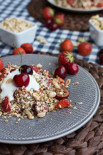 granola, cseresznye, egészséges, reggeli, bezár, desszert, itthon, zab, nyári, élelmiszer, gyümölcs