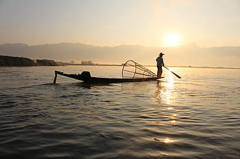 rybář, střední, voda, západ slunce, loď, inle jezero, Myanmar, barma, rybolov, svítání, rybářská loď