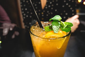 oranžový, džus nápoj, máta, pomerančový džus, napít se, bar, zblízka, ruce, koktejl, alkohol, ovoce