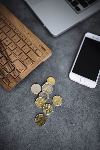 teclado, iphone, teclado de madeira, oree, moedas, dinheiro, moeda, união europeia, euro, europeu, união