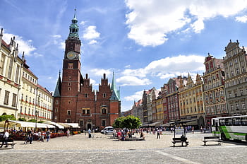 brown, concrete, buildings, cloudy, sky, wrocław, lower silesia, architecture, colored townhouses, street, poland