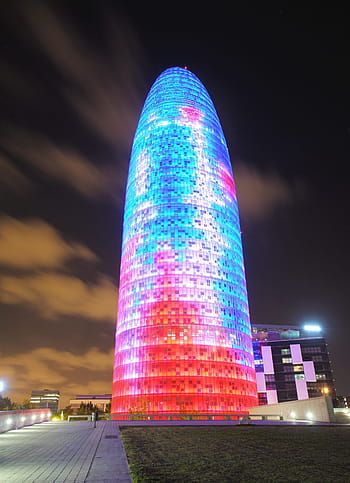 concrete, building, led, lights, barcelona, night, torre agbar, places of interest, illuminated, long exposure, tourism