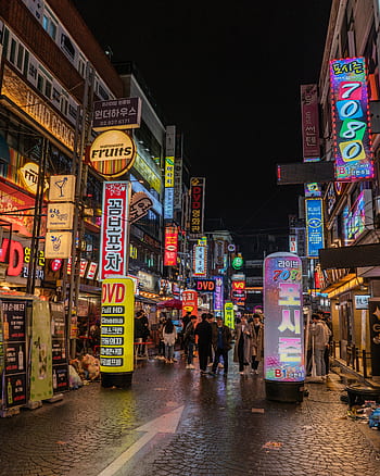 neon, gade, lys, Korea, seoul, skilte, by-, downtown, nat, cyberpunk, mennesker