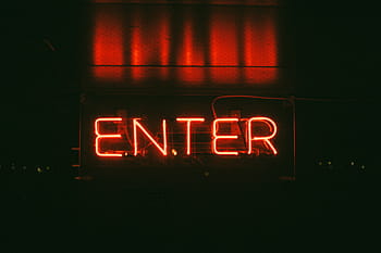 Červené, zadejte, neon signage, temný, noc, plakátovací tabule, neon, světlo, svítí, text, sdělení
