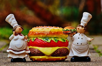 hamburger, cheeseburger, cooking, funny, food, preparation, chef's hat, figure, sweet, figures, cook