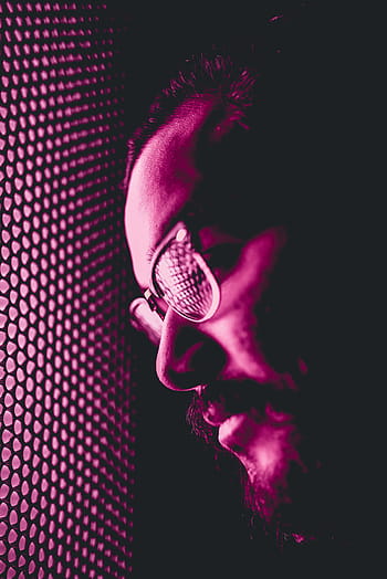 man, wearing, eyeglasses, leaning, face, wall, people, male, dark, purple, light