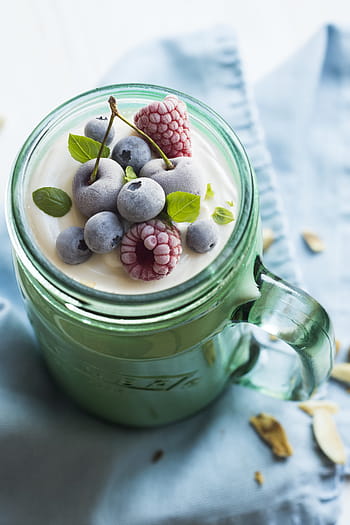 latte, pieno, verde, tazza di vetro muratore, sormontato, mirtilli, lamponi, dolce, Yogurt, frutta, mangiare