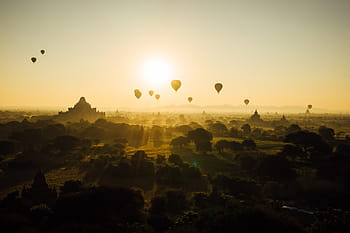 caldo, palloni ad aria, volante, tramonto, Bagan, Myanmar, birmania, viaggio, tempio, buddismo, mongolfiera