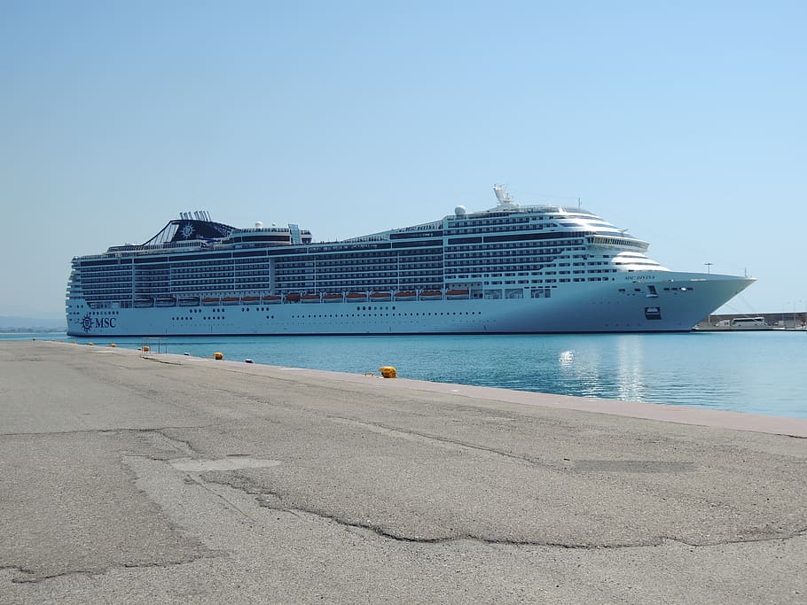 white, cruise ship, blue, body, water, greece, olympia, sea, cruise, boat, ship