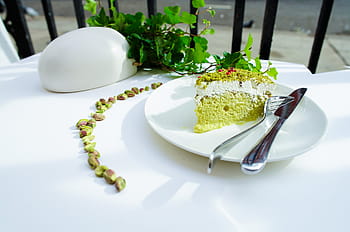 matcha dort, deska, dort, jídlo, dezert, cukroví, Pekárna, zelená, list, rostlina, Vidlička
